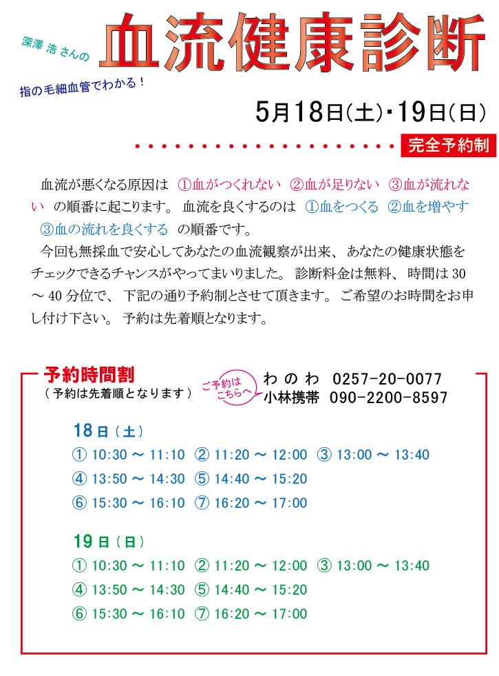 深澤浩さんの血流健康診断 - 2024年05月18日(土) - 19日(日)開催
